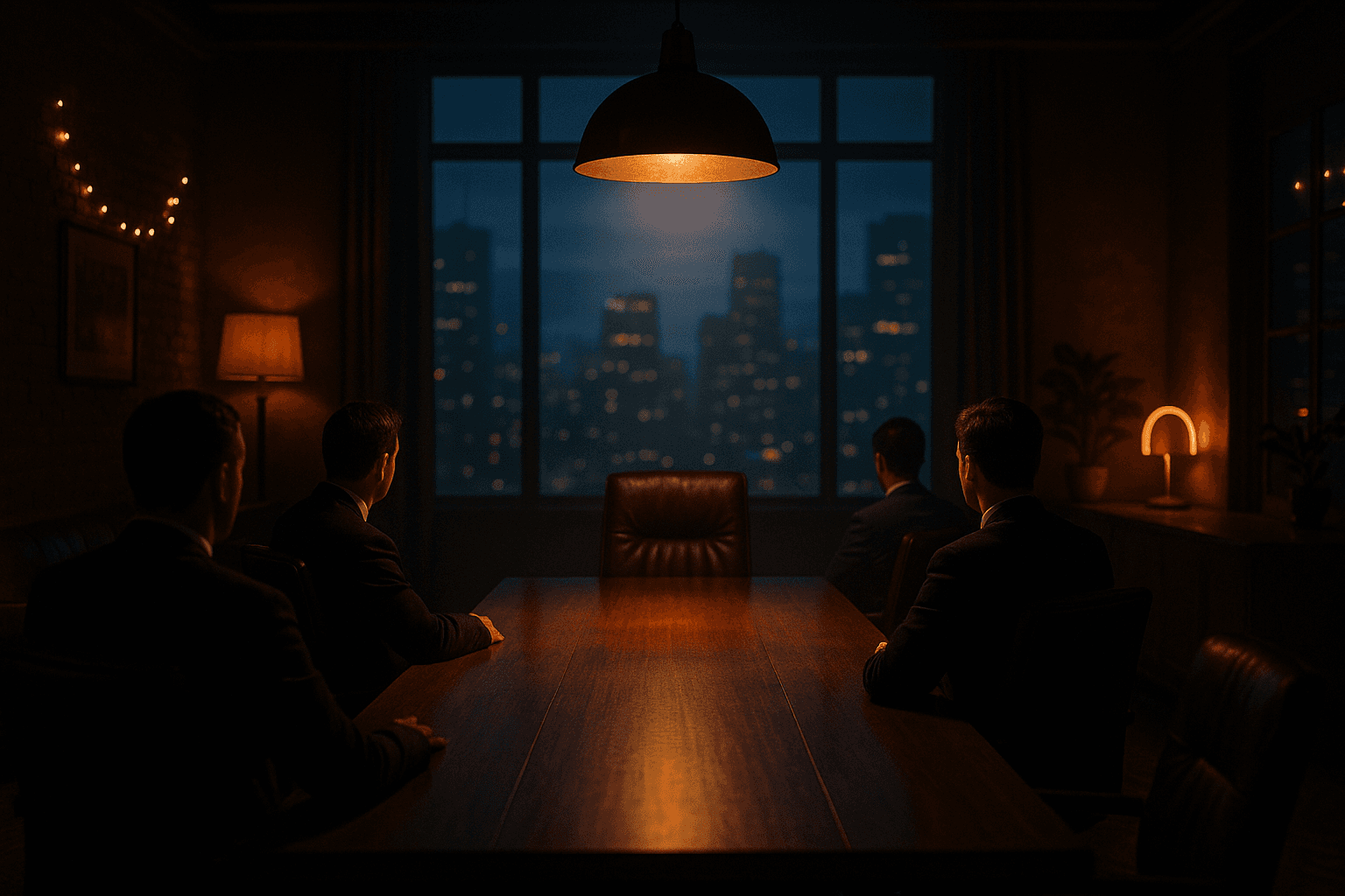 A boardroom at night, four silhouettes seated at a long table.