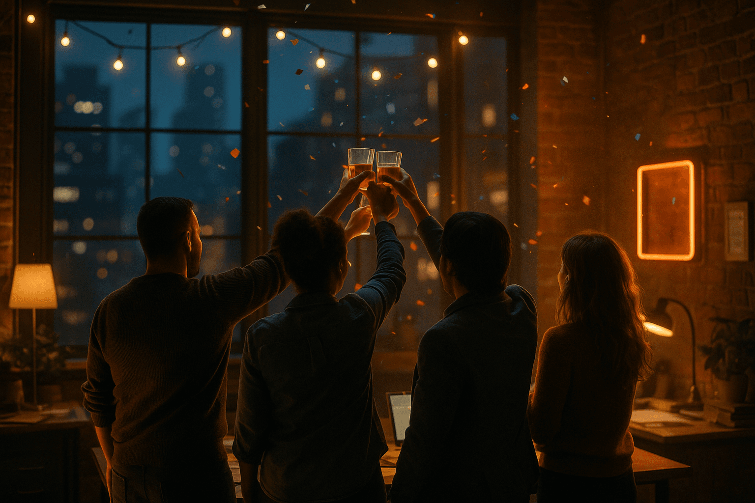 Four silhouettes raising drinks toward a window, confetti in the air.