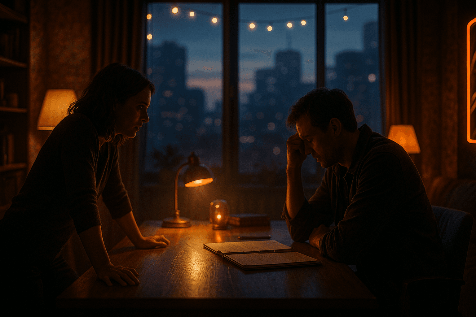 A cofounder confronts another at a desk, lit by a single warm lamp.