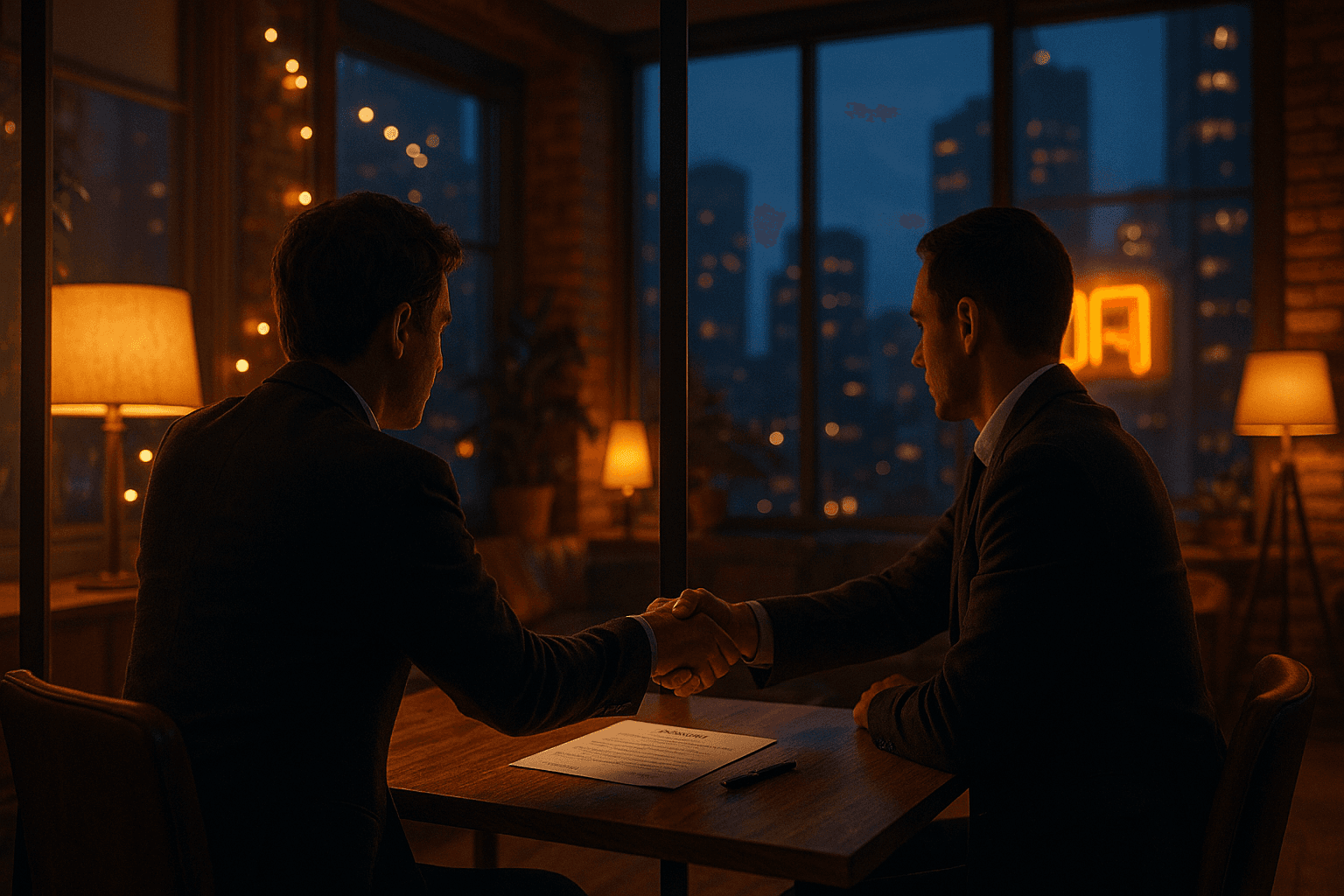 Two people shaking hands across a lit desk overlooking a city at night.