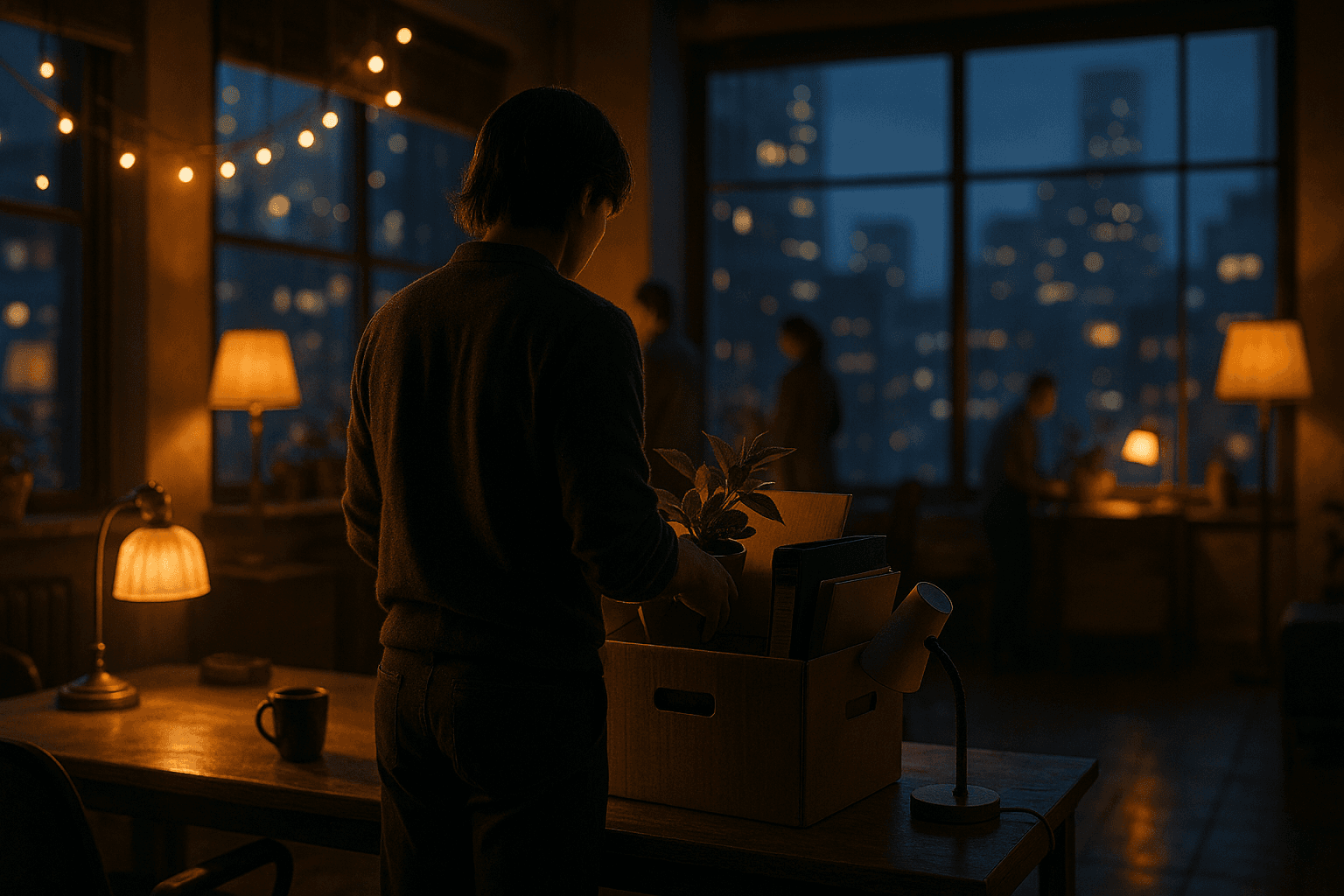 A figure packing a box with a plant by a desk, city lights through the window.