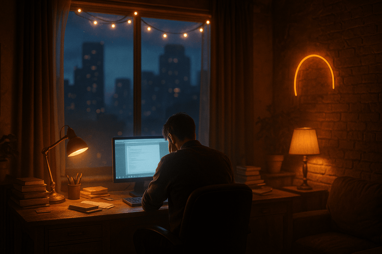 Founder alone at a desk lit by a monitor and an orange neon arc.